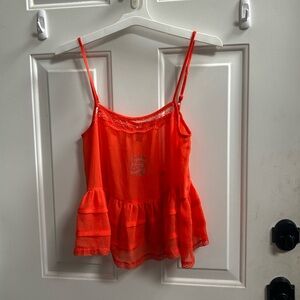 Free People Intimately Bright Red Lace-Trim Spaghetti Strap Peplum Top Sz M